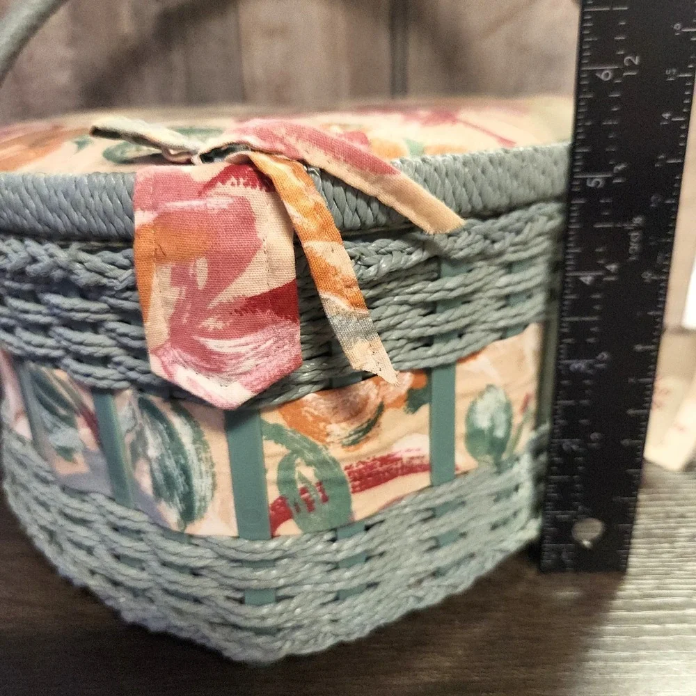 Vtg Heart Shaped 80s Sewing Basket Blue Wicker Handle Storage Box Cottagecore